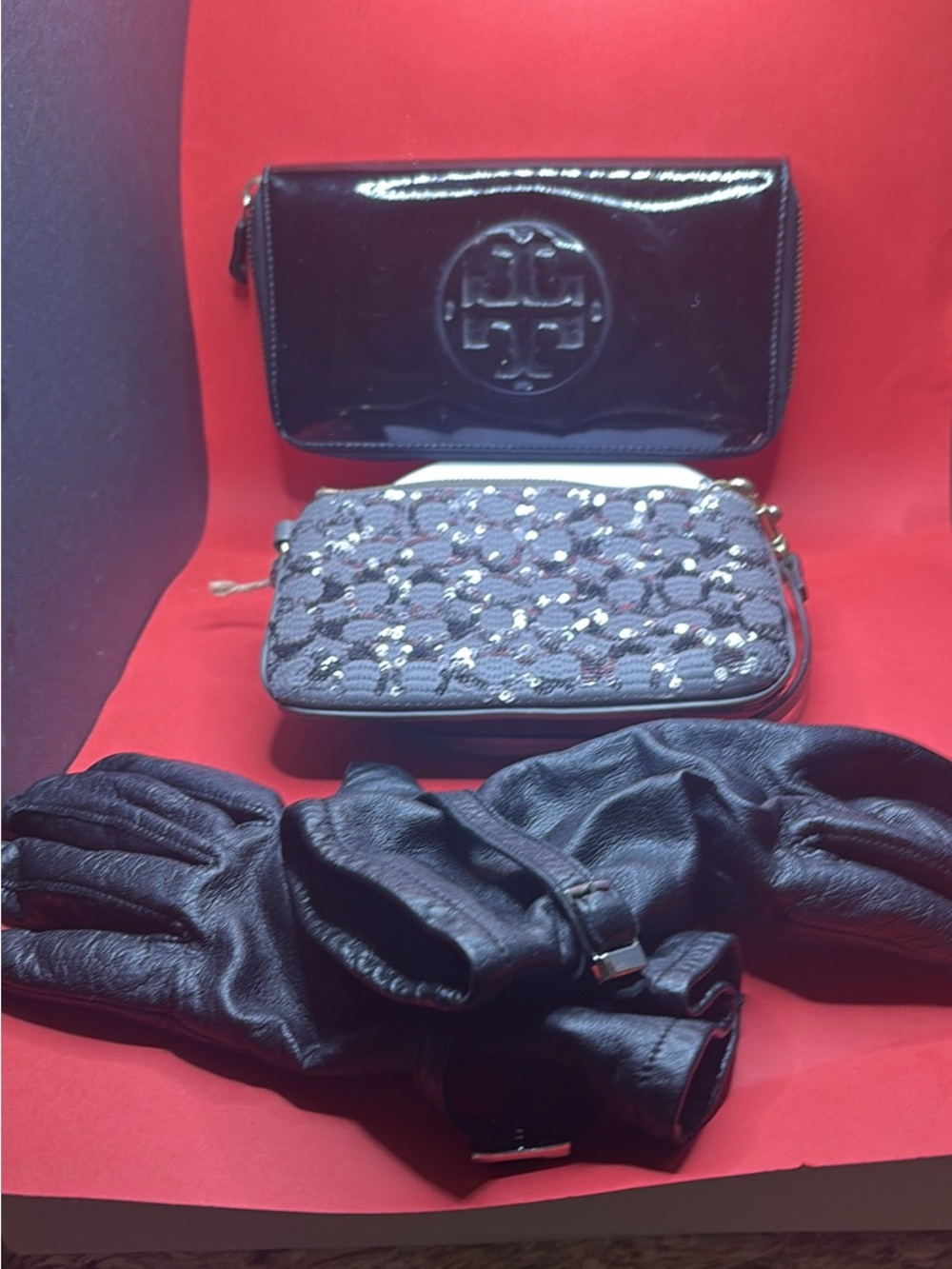 Black Patent Wallet with Grey Quilted Wristlet, leather gloves